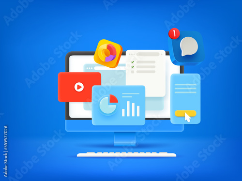 Working with computer. 3d vector concept