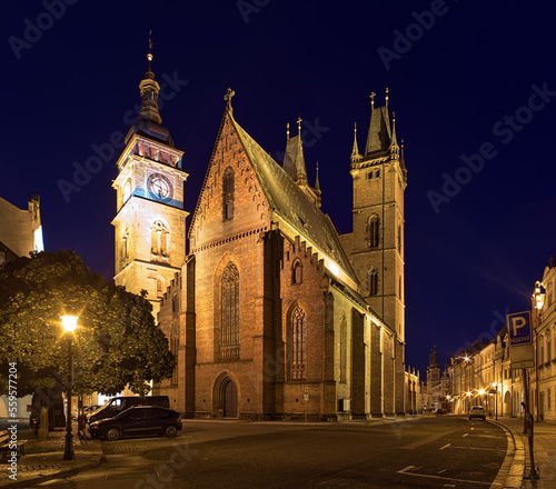 Obraz na płótnie Hradec Kralove, Czech Republic. Cathedral of the Holy Spirit and White Tower in dusk. The cathedral was founded in 1307. The tower was founded in 1574. w salonie