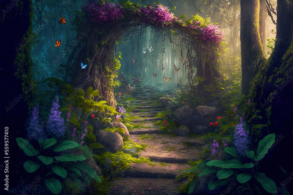 Fantasy fairy tale background. Fantasy enchanted forest with magical ...