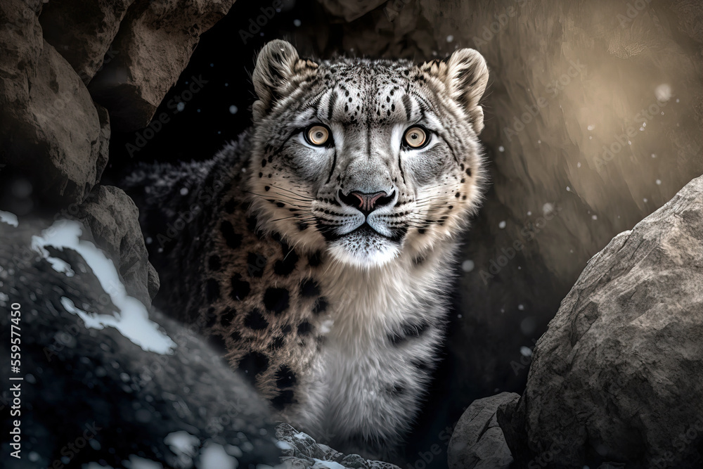 Snow leopard in the snow covered mountains. Digital artwork	
