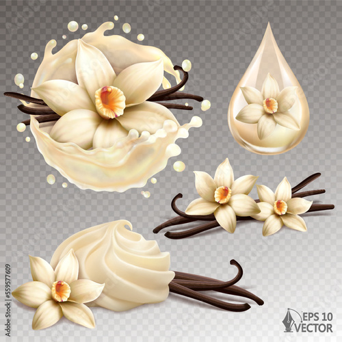 Realistic vector set of natural vanilla flowers, fresh milk splash and whipped dessert cream. 3d illustration