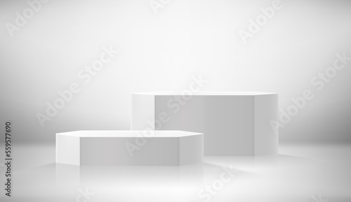 Bright room with podiums. Realistic showcase for advertisement. 3d style vector illustration 