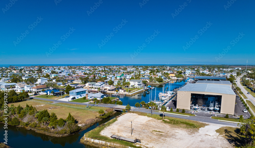 Obraz premium Hernando Beach Florida Homes Aerial Drone Image Florida Sunshine And Big Blue Sky