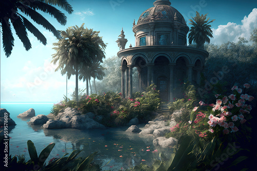 Fantasy landscape exotic island on the sea. AI