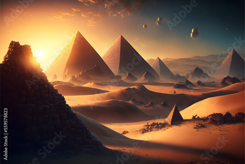 beautiful sunset over two pyramids egypt  desert sand travel evening scene  illustration digital generative ai design art style