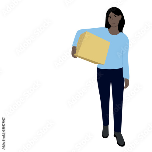 A dark-skinned girl holds a large box with one hand under her arm, flat vector, isolated on white, delivery, moving