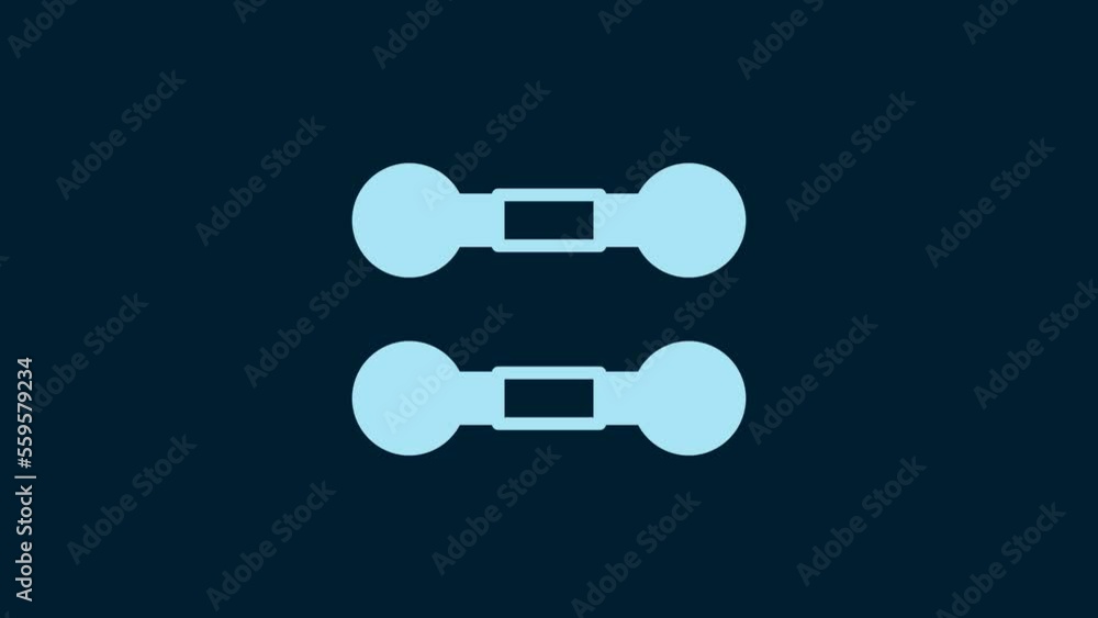 White Dumbbell icon isolated on blue background. Muscle lifting, fitness barbell, sports equipment. 4K Video motion graphic animation