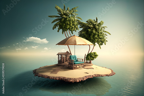 Fotomurale Fantasy landscape of an exotic island on the sea with an umbrella and deck chair
