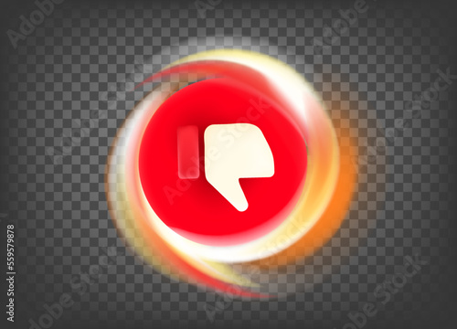 Flaming thumbs down icon isolated on transparent background. 3d vector icon with fire effect  