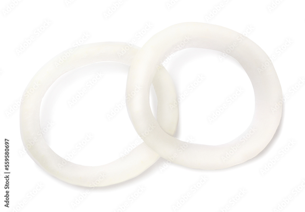 Fresh ripe onion rings on white background, top view Fresh ripe onion rings on white background, top view