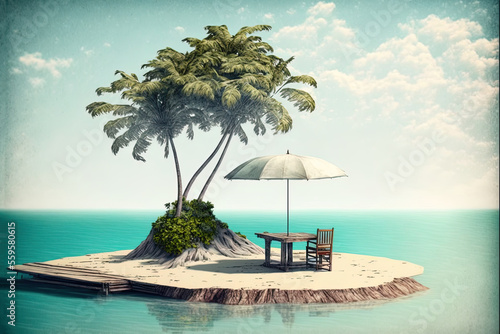 Fantasy landscape of an exotic island on the sea with an umbrella and deck chair. AI