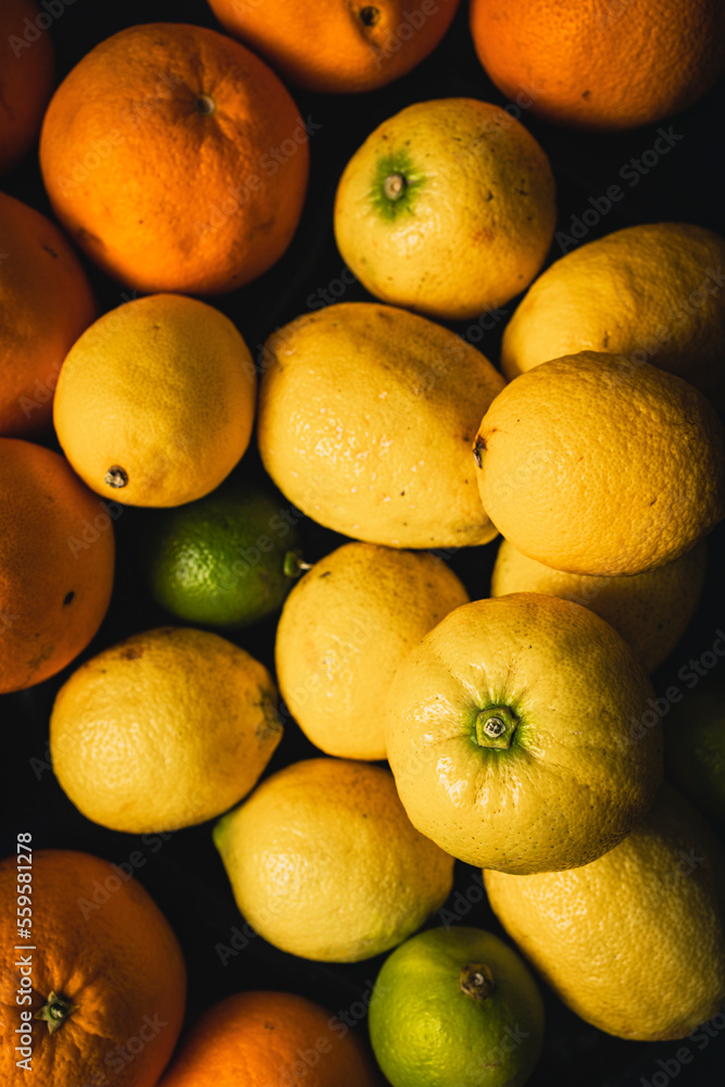 Organic oranges, limes and lemons. Citrus fruits rich in vitamin C and antioxidants Stock Photo