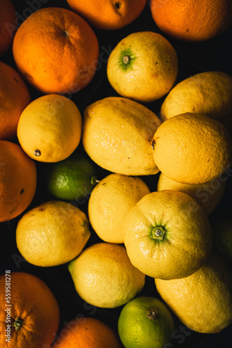 Organic oranges, limes and lemons. Citrus fruits rich in vitamin C and antioxidants