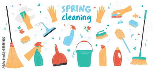 Hand drawn set of cleaning supplies  bottles  brush  spray  sponge  gloves. Spring cleaning and Housework concept. Various Cleaning items. Isolated Vector illustrations