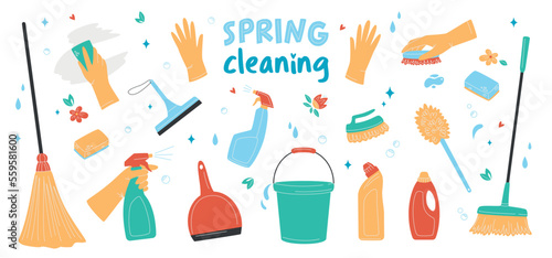 Hand drawn set of cleaning supplies, bottles, brush, spray, sponge, gloves. Spring cleaning and Housework concept. Various Cleaning items. Isolated Vector illustrations
