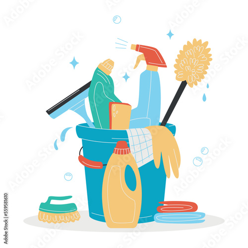 Hand drawn Bucket with cleaning supplies, bottles, brush, spray, sponge, gloves. Housework concept. Various Cleaning items. Isolated Vector illustrations