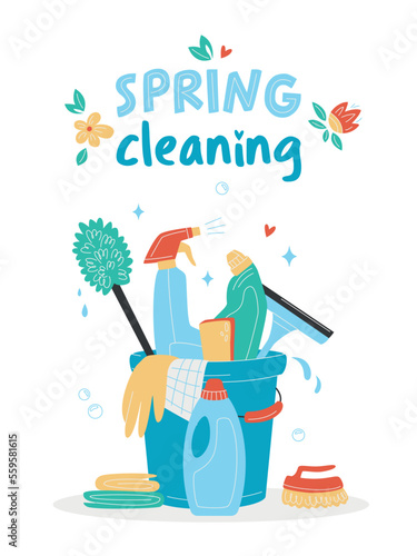 Spring cleaning concept. Hand drawn bucket with cleaning supplies, bottles, brush, spray, sponge, gloves. Housework concept. Various Cleaning items. Isolated Vector illustrations