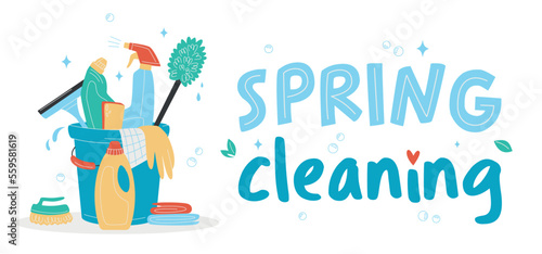 Spring cleaning concept. Hand drawn bucket with cleaning supplies, bottles, brush, spray, sponge, gloves. Housework concept. Various Cleaning items. Isolated Vector illustrations