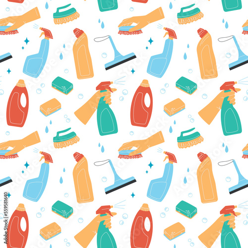 Seamless pattern with cleaning supplies, bottles, brush, spray, sponge, gloves. Housework and cleaning concept. Various Cleaning items. Isolated Vector illustrations