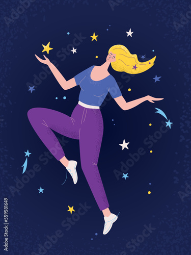 Woman dreaming and dancing in night sky and stars. Modern flat character. Woman with dream universe. Vector illustration