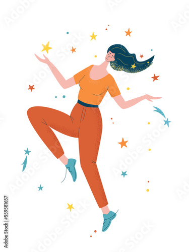 Woman dreaming and dancing in sky and stars. Modern flat character. Woman with dream universe. Vector illustration