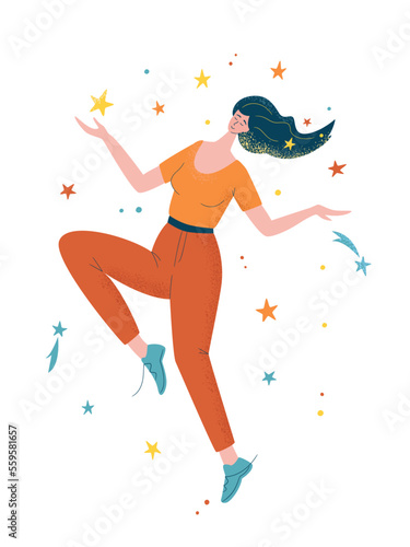 Woman dreaming and dancing in  sky and stars. Modern flat character. Woman with dream universe. Vector illustration