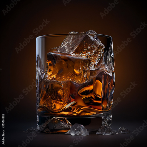 a glass of whiskey alcohol with ice cubes stands on a table on a dark background for advertising, generative AI