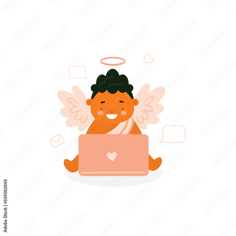 Cute Cupid dating flirting online. Eros character using laptop sending love mails. Vector illustration for St. Valentine's Day, dating, love apps concept. Cute Cupid dating flirting online. Eros character using laptop sending love mails. Vector illustration for St. Valentine's Day, dating, love apps concept.