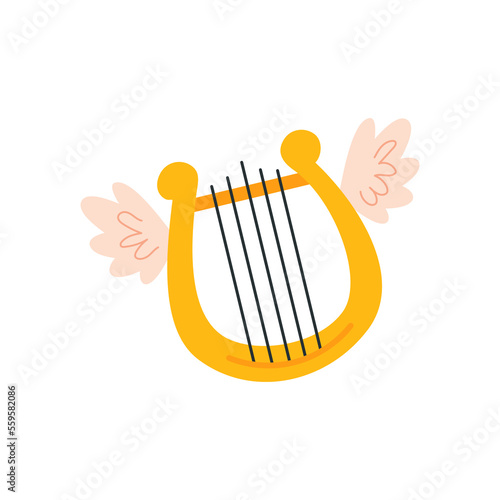 Lyre with wings. Flying lyre. Vector cartoon hand drawn illustration.