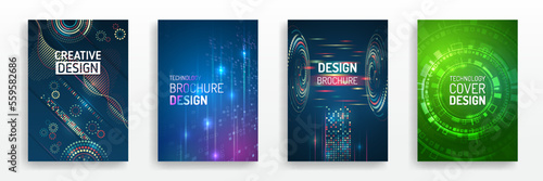 Technology covers corporate documents. Layout template science designs. Brochure, flyer, book, annual report. Blue hi-tech vector illustrations for business presentations. Futuristic business posters.