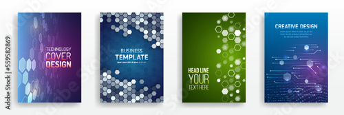 Brochure, flyer, book, annual report. Blue hi-tech vector illustrations for business presentations. Futuristic business posters. Technology covers corporate documents. Layout template science designs.