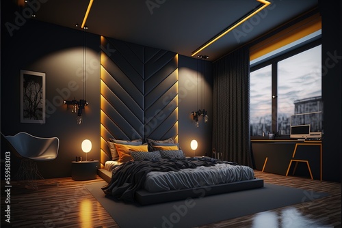 Bedroom dark room interior. Neon light, large bed, plants. Modern evening bedroom interior. AI © MiaStendal