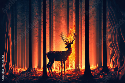   ngstliche Hirsche im brennenden Wald. Waldbrand durch Klimawandel und der Erderw  rmung