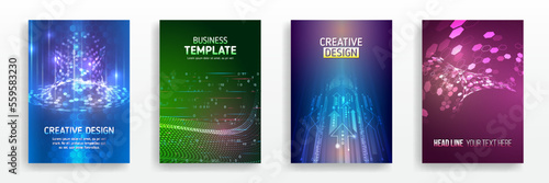Futuristic business posters. Technology covers corporate documents. Layout template science designs. Brochure, flyer, book, annual report. Blue hi-tech vector illustrations for business presentations.