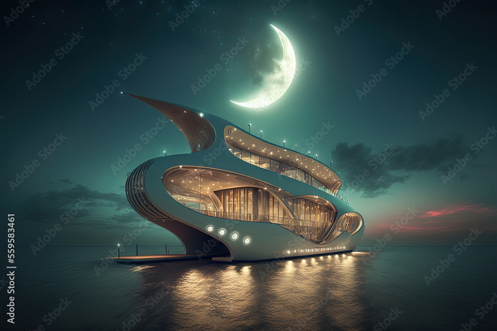 Night seascape with a futuristic yacht. Large modern yacht, big moon, night view. AI Night seascape with a futuristic yacht. Large modern yacht, big moon, night view. AI