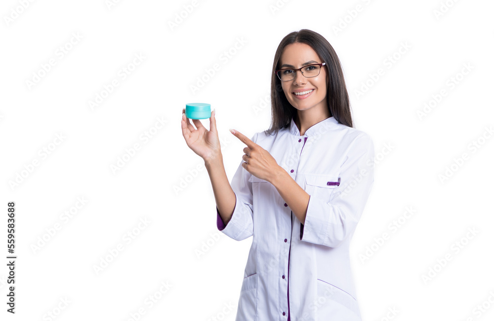 cosmetologist point finger on moisturizer. photo of cosmetologist with moisturizer cosmetologist point finger on moisturizer. photo of cosmetologist with moisturizer