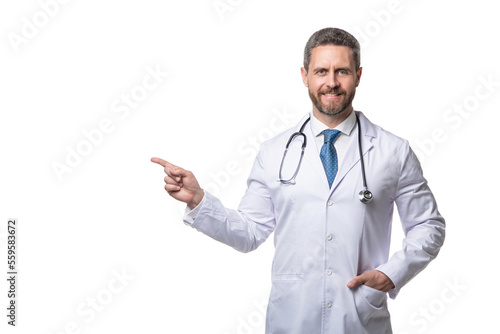 happy doctor with stethoscope. doctor isolated on white. medical doctor point finger on background