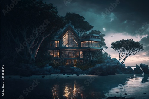 House on the river bank, big moon, neon light. Night fantasy landscape. AI