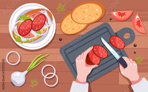 Chef character cooking preparing chopping food on table top view. Hand holding knife and cutting chopping vegetables and meat with slice concept. Vector graphic design illustration photo