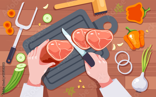 Chef character cooking preparing chopping food on table top view. Hand holding knife and cutting chopping vegetables and meat with slice concept. Vector graphic design illustration