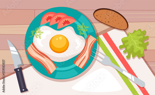 Morning breakfast scrambled egg omelette top view concept. Vector graphic design illustration