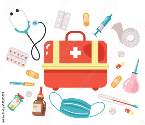 First aid kit medical emergency bag with medicine tools. Doctors medication for treatment healthcare concept set. Vector graphic design illustration