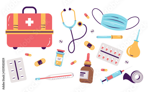 First aid kit medical emergency bag with medicine tools. Doctors medication for treatment healthcare concept set. Vector graphic design illustration