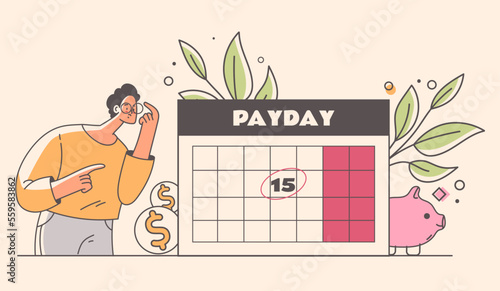 Payday loan time calendar concept. Online payments by money credit cards smartphone online payments. Huge calendar and smartphone and tiny people. Vector graphic design illustration
 photo