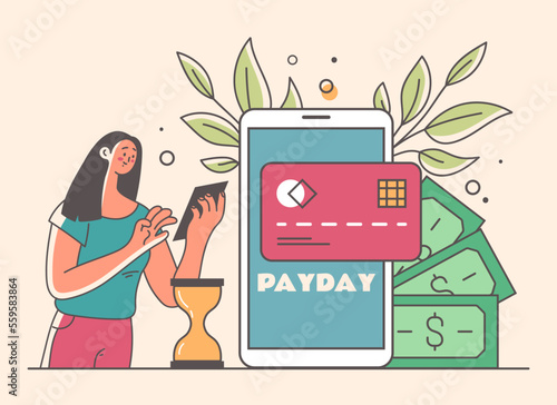 Payday loan time calendar concept. Online payments by money credit cards smartphone online payments. Huge calendar and smartphone and tiny people. Vector graphic design illustration
