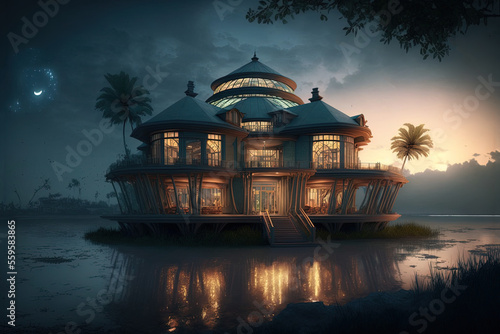 House on the river bank, big moon, neon light. Night fantasy landscape. AI © MiaStendal