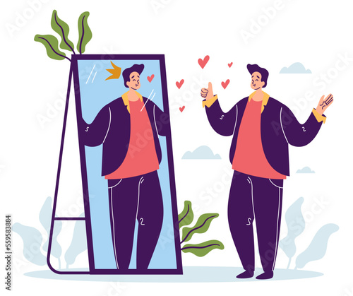 Self love confidence people looking at mirror. Self motivation and development concept. Vector graphic design illustration