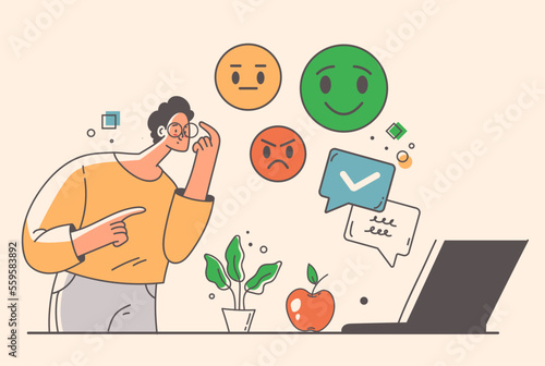 Sentiment analysis test emotions by artificial intelligence technologies concept. Speech bubbles with emoji face. Vector graphic design illustration