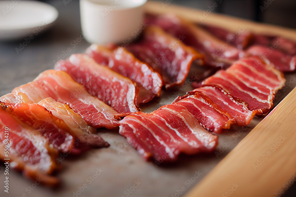 delicious glazed aromatic fragrant bacon lies on the table, generative AI delicious glazed aromatic fragrant bacon lies on the table, generative AI