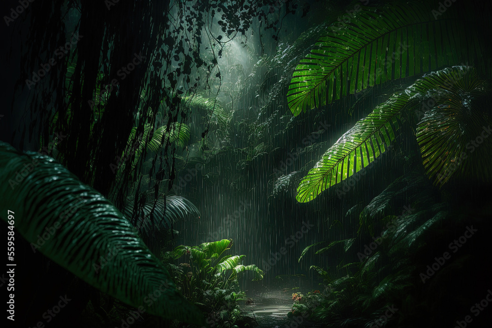 Dark tropical forest in the rain, large exotic plants in the forest. Green background. AI - obrazy, fototapety, plakaty 